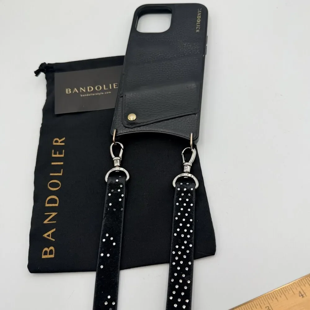 BANDOLIER Black Leather Crossbody iPhone 13/14 Pro Max Case; Rhinestone Strap - Picture 8 of 13